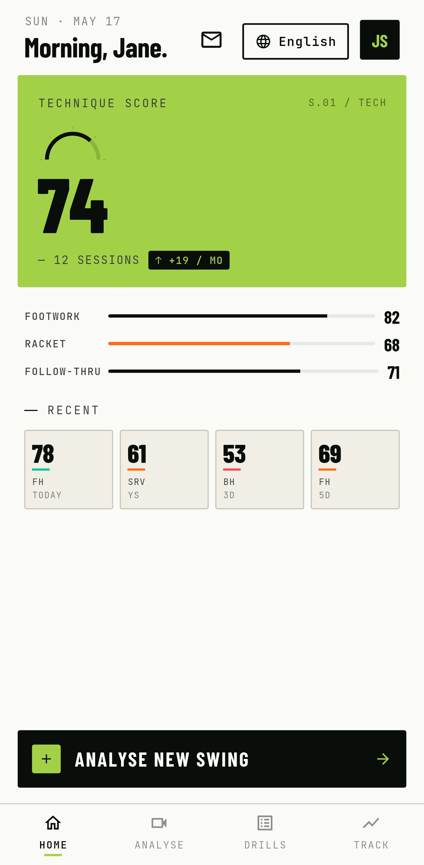TEKRISE tennis training dashboard with technique score