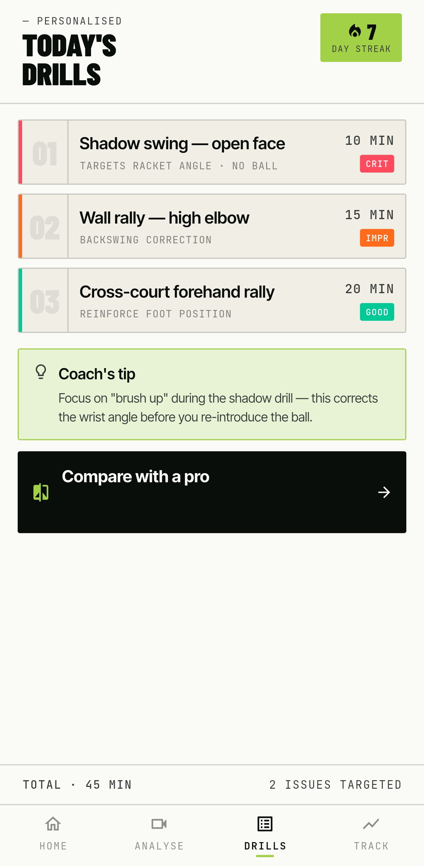 TEKRISE tennis drills and daily training plan screen