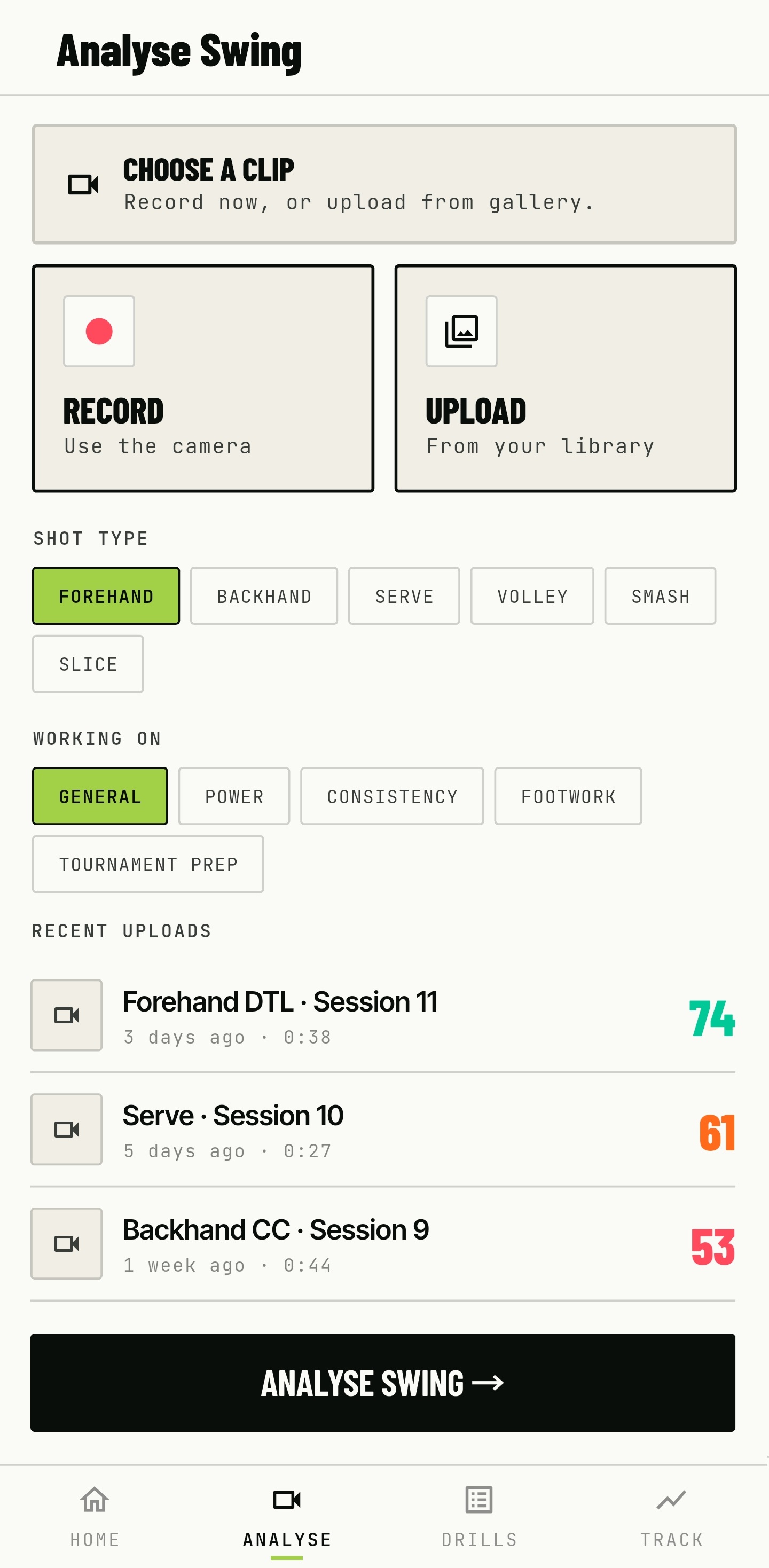 TEKRISE record and upload tennis swing screen
